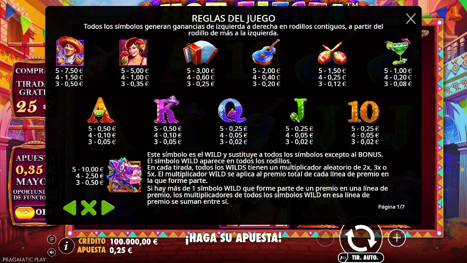Hot Fiesta — tabla de pagos